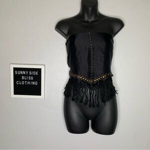 Nalini Black Silk Tie Around Top W/ Medal Embellishments One Size